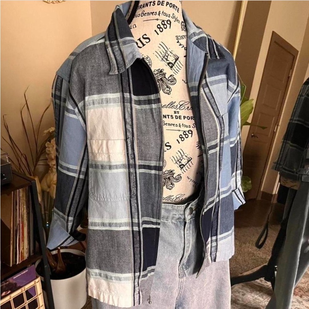 Blue and white plaid zip-up jacket